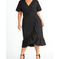 RACHEL ROY Women's  Ruffled Short Sleeve V Neck Tea-Length Faux Wrap Wear to Work Dress Black Size 22W