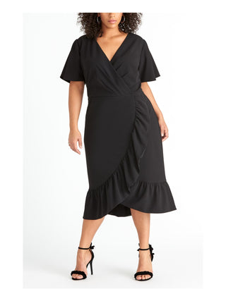 RACHEL ROY Women's  Ruffled Short Sleeve V Neck Tea-Length Faux Wrap Wear to Work Dress Black Size 22W