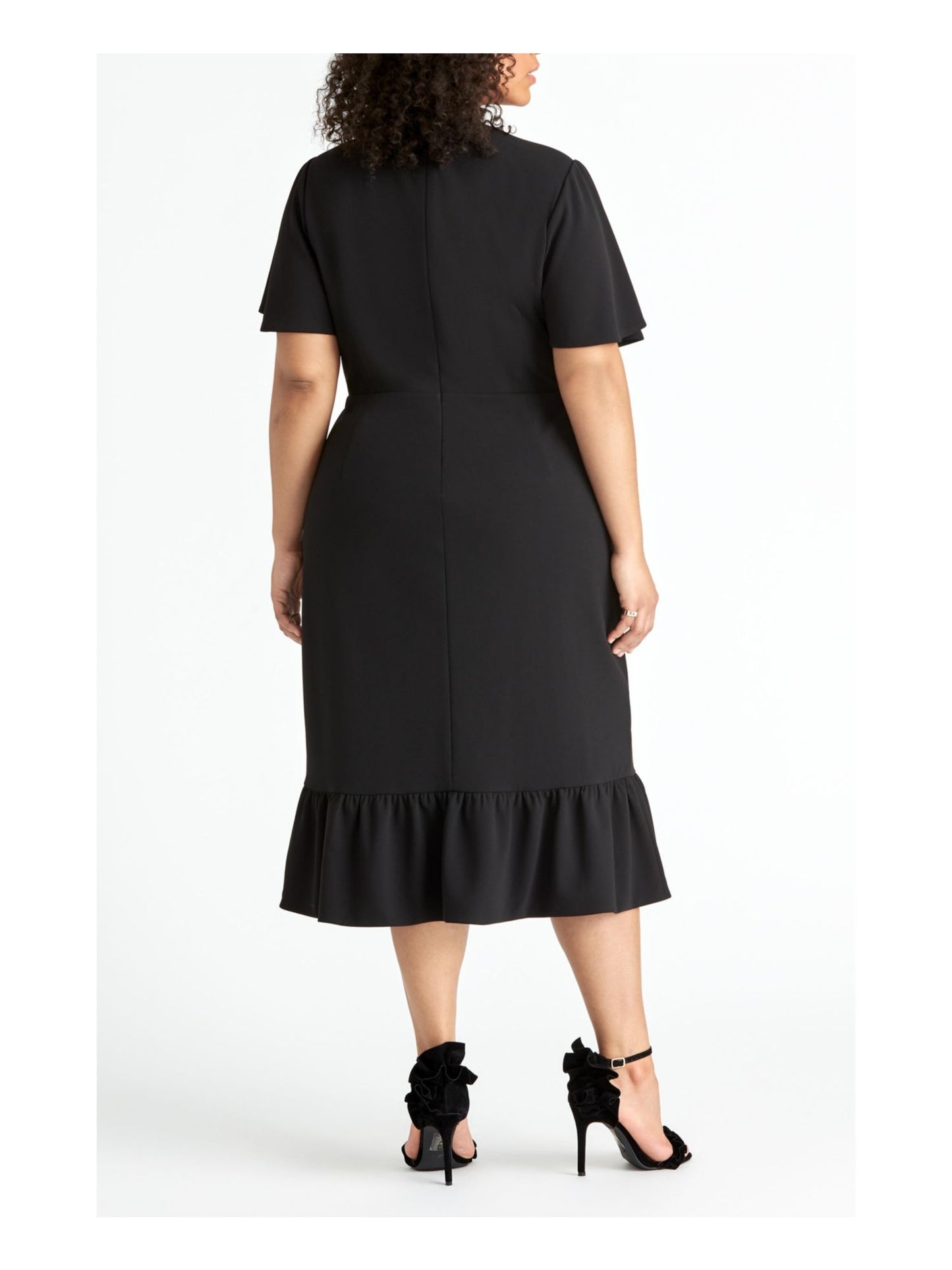 RACHEL ROY Women's  Ruffled Short Sleeve V Neck Tea-Length Faux Wrap Wear to Work Dress Black Size 22W