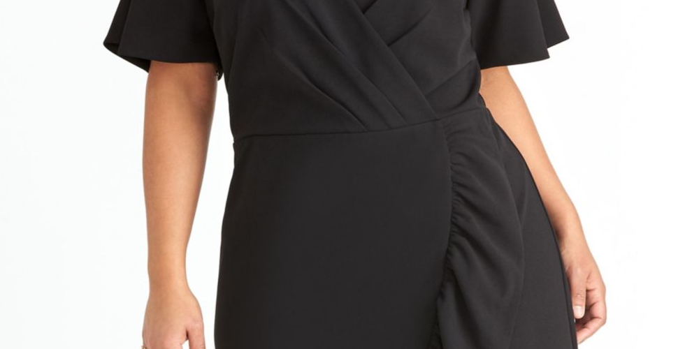 RACHEL ROY Women's  Ruffled Short Sleeve V Neck Tea-Length Faux Wrap Wear to Work Dress Black Size 22W