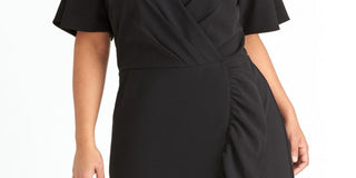 RACHEL ROY Women's  Ruffled Short Sleeve V Neck Tea-Length Faux Wrap Wear to Work Dress Black Size 22W