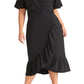 RACHEL ROY Women's  Ruffled Short Sleeve V Neck Tea-Length Faux Wrap Wear to Work Dress Black Size 22W