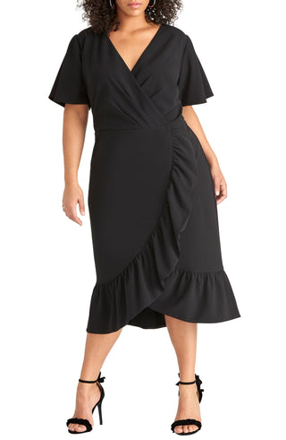 RACHEL ROY Women's  Ruffled Short Sleeve V Neck Tea-Length Faux Wrap Wear to Work Dress Black Size 22W
