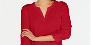Charter Club Women's Supima Cotton Split Neck Top Red Size Medium