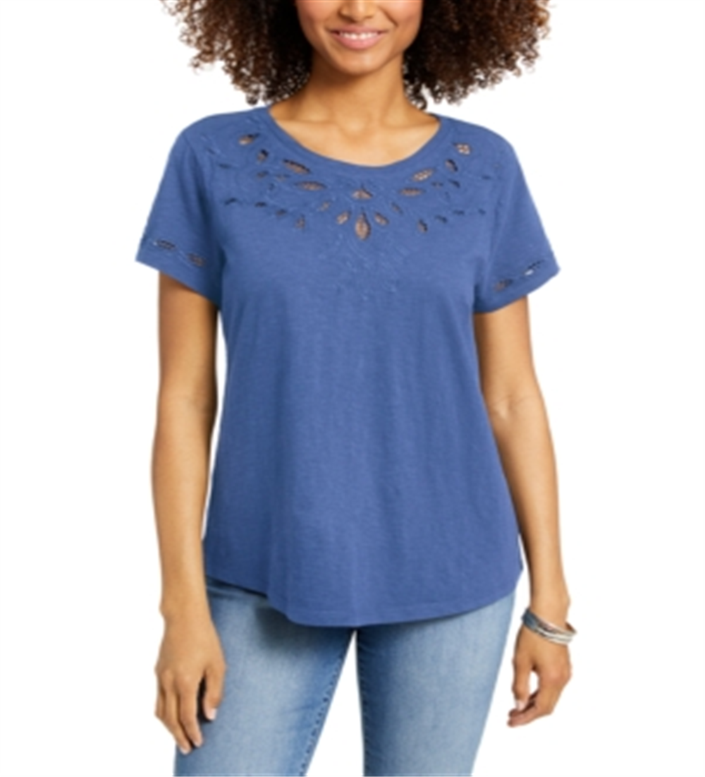 Charter Club Women's  Cutout Cotton T-Shirt  Blue Size 2XL