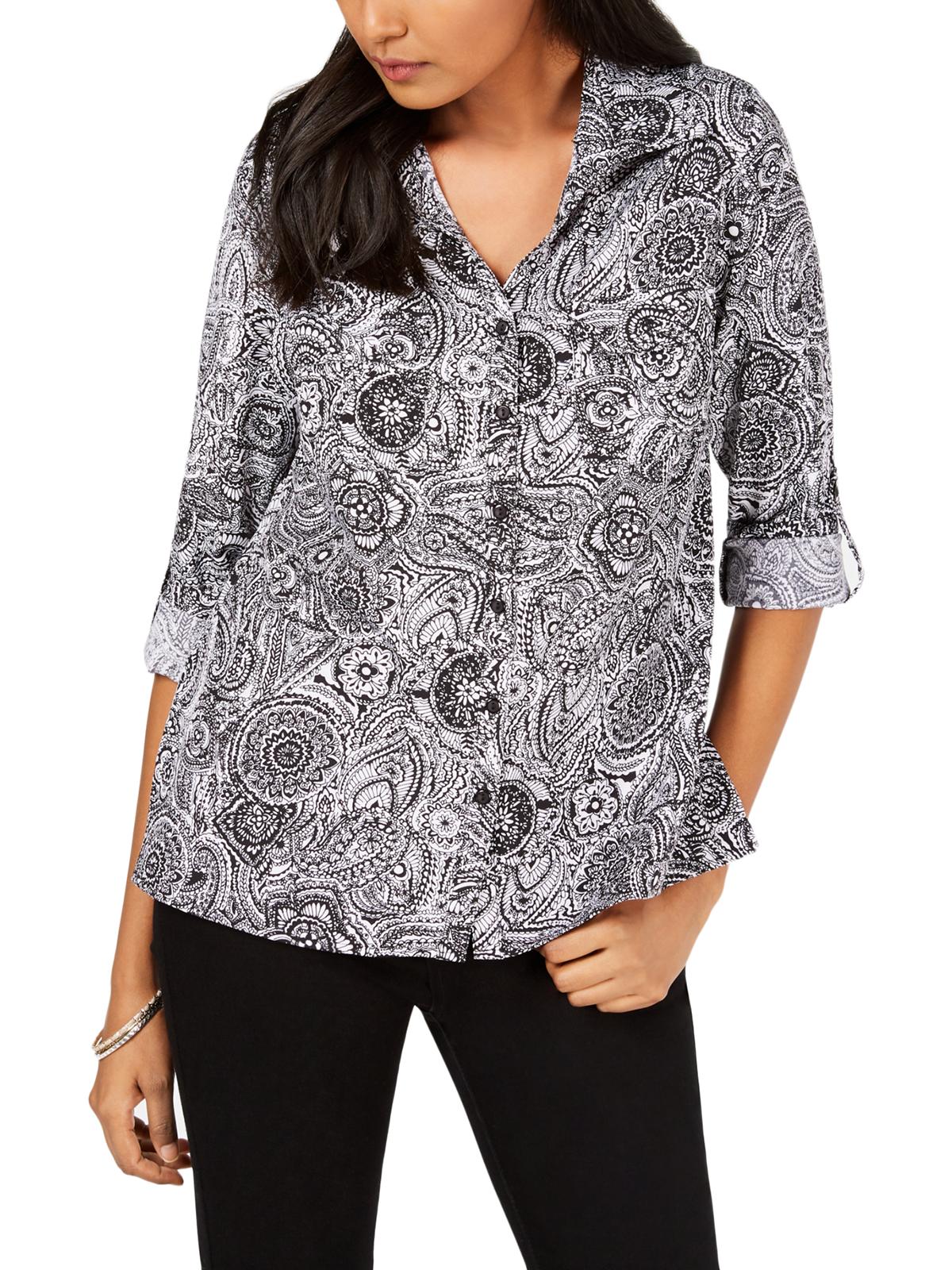 NY Collection Women's Printed Utility Shirt Black Size Petite Large