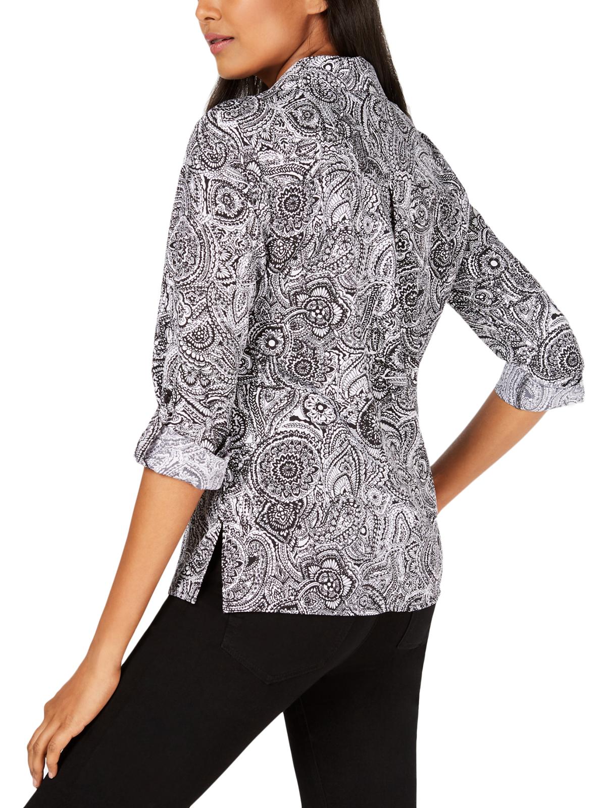 NY Collection Women's Printed Utility Shirt Black Size Petite Large