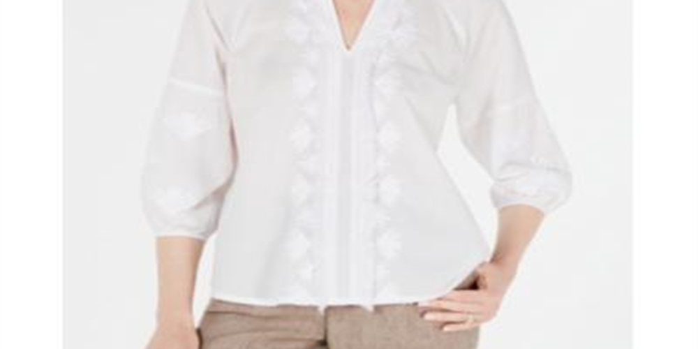 Charter Club Women's  Embroidered Fringe-Trim Top  White Size Large
