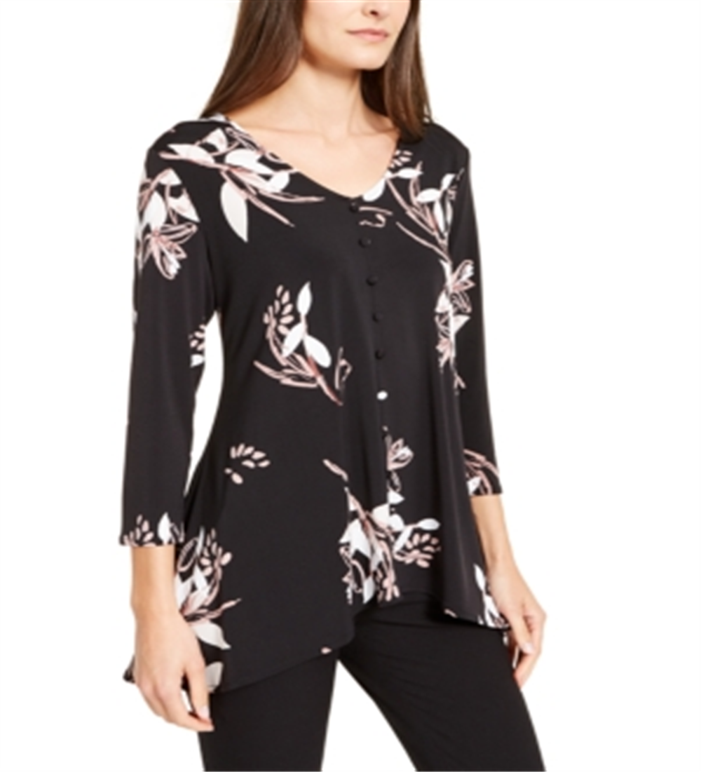 Alfani Women's  Printed V-Neck Top  Black Size XS