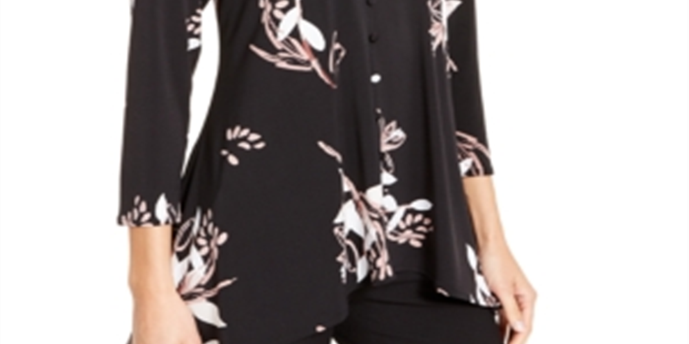 Alfani Women's  Printed V-Neck Top  Black Size XS