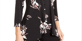 Alfani Women's  Printed V-Neck Top  Black Size XS