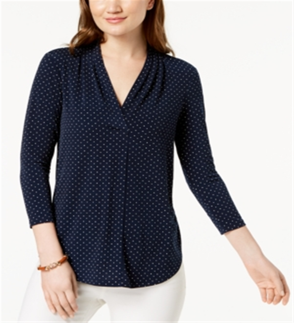 Charter Club Women's Printed V-Neck Top  Blue Size Medium