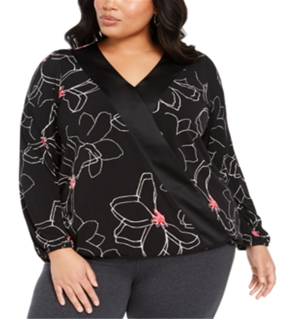 Alfani Women's Plus Size Printed Surplice-Neck Blouse  Black Size 3X