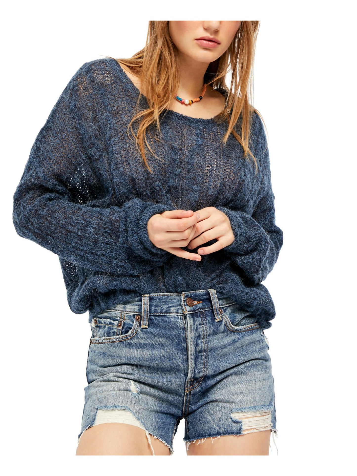 Free People Women's Long Sleeve Jewel Neck Blouse Blue Size X-Small