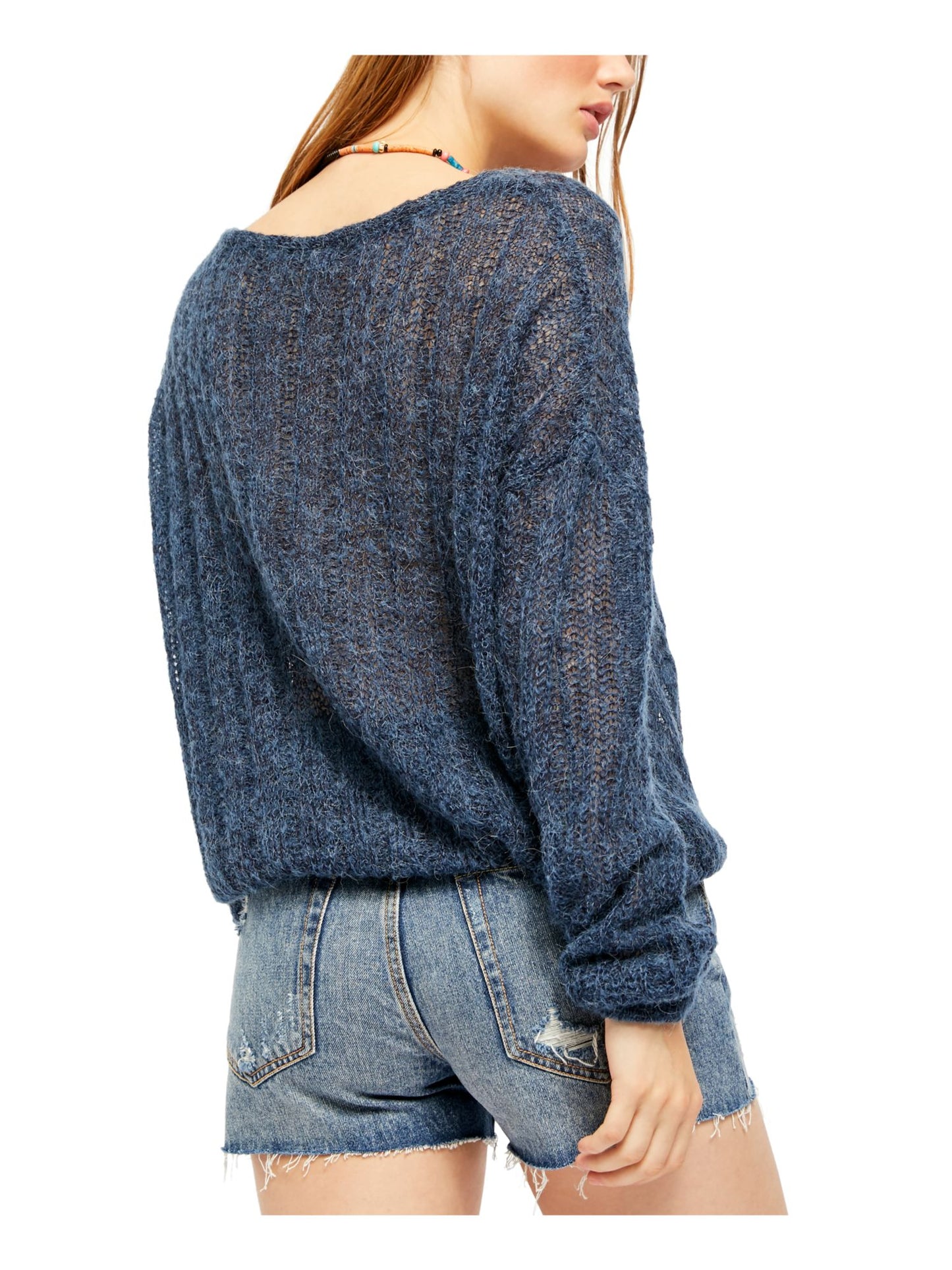 Free People Women's Long Sleeve Jewel Neck Blouse Blue Size X-Small