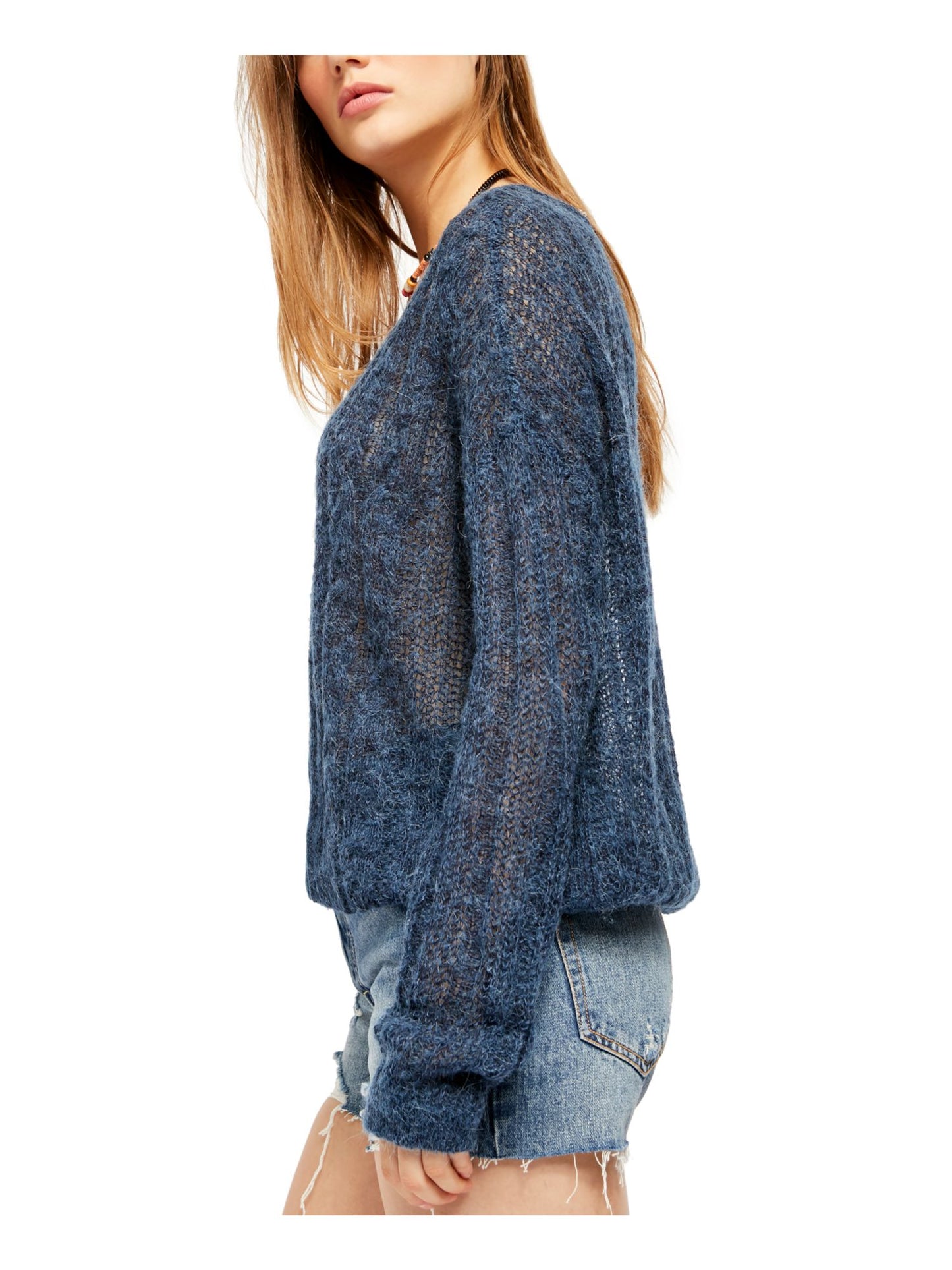 Free People Women's Long Sleeve Jewel Neck Blouse Blue Size X-Small