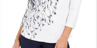 Charter Club Women's Printed Boat Neck Pima Cotton Top White Size X-Large