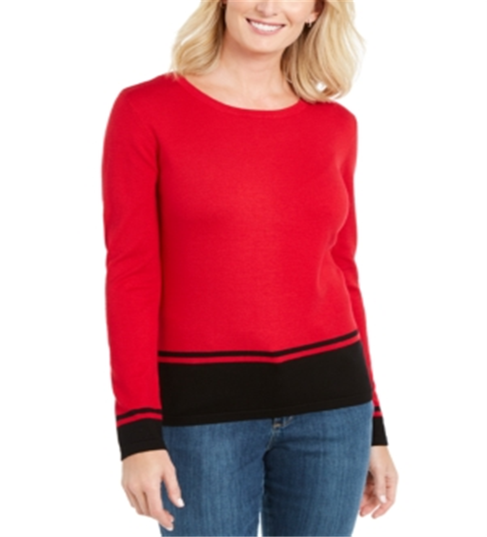 Karen Scott Women's Colorblocked-Hem Sweater  Red Size Medium