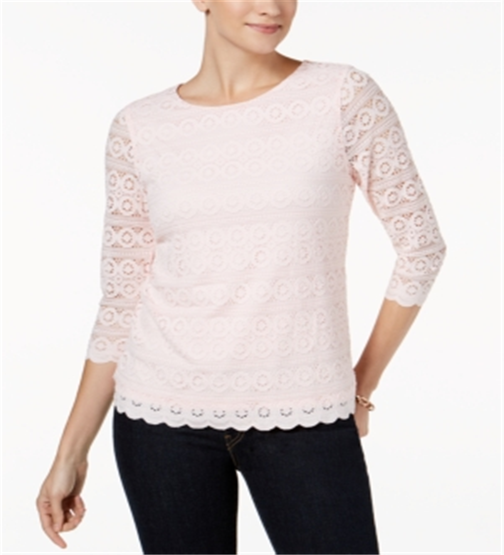 Charter Club Women's Petite Lace 3/4-Sleeve Top  Pink Size Petite XL