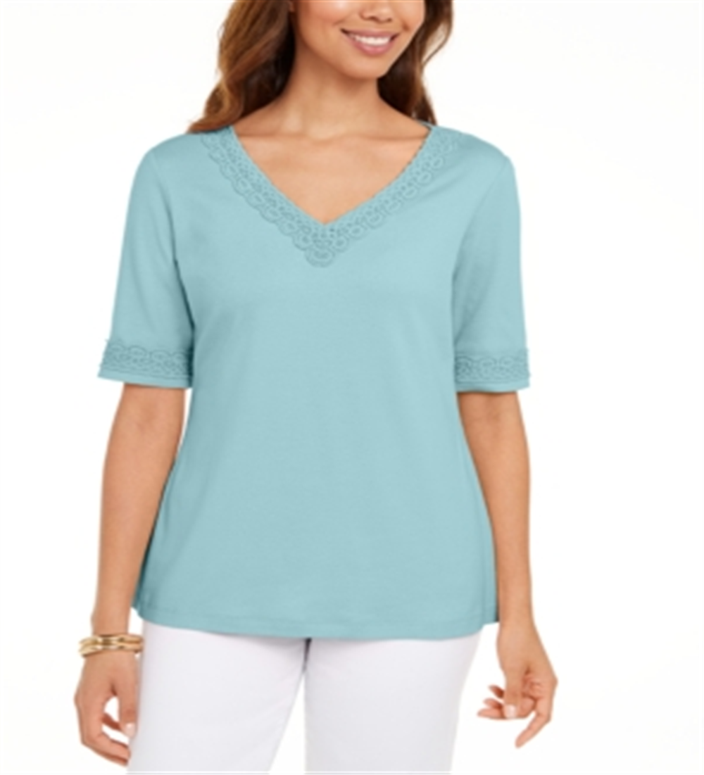 Karen Scott Women's Crochet-Trim Top  Blue Size Small