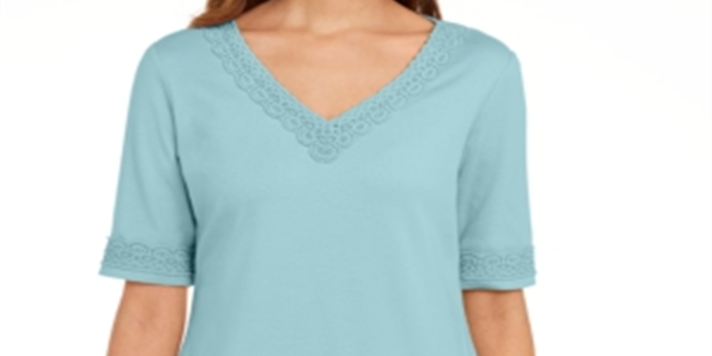 Karen Scott Women's Crochet-Trim Top  Blue Size Small