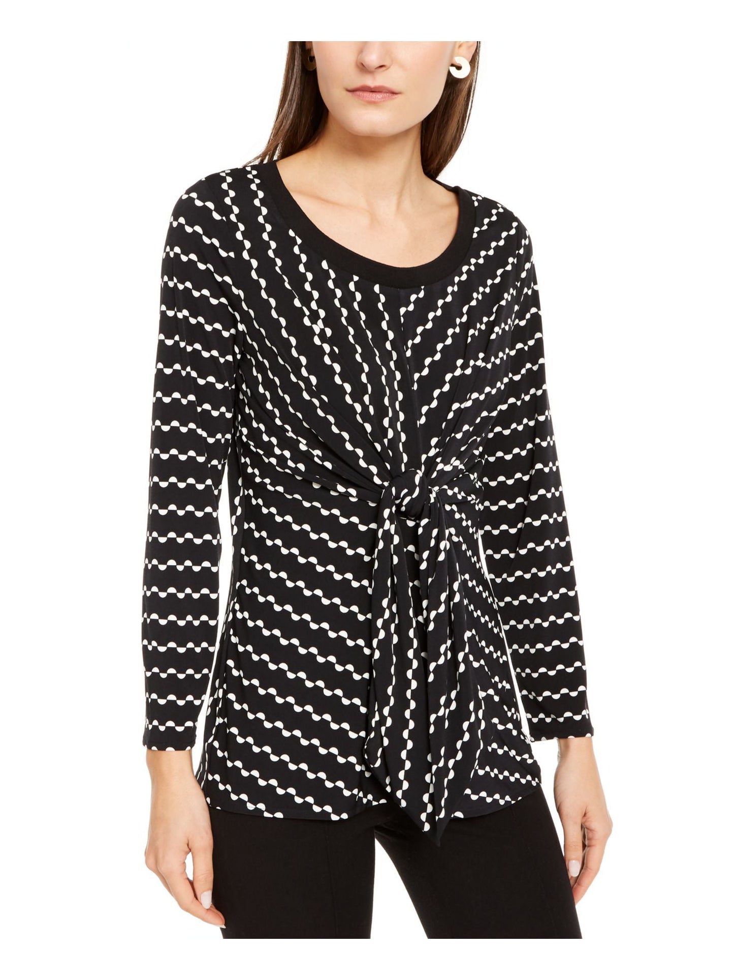 Alfani Women's Tie Printed Long Sleeve Scoop Neck Blouse Evening Top Black Size Petite Small