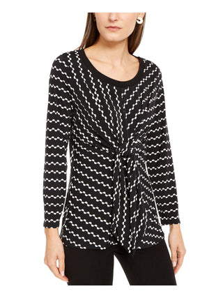 Alfani Women's Tie Printed Long Sleeve Scoop Neck Blouse Evening Top Black Size Petite Small