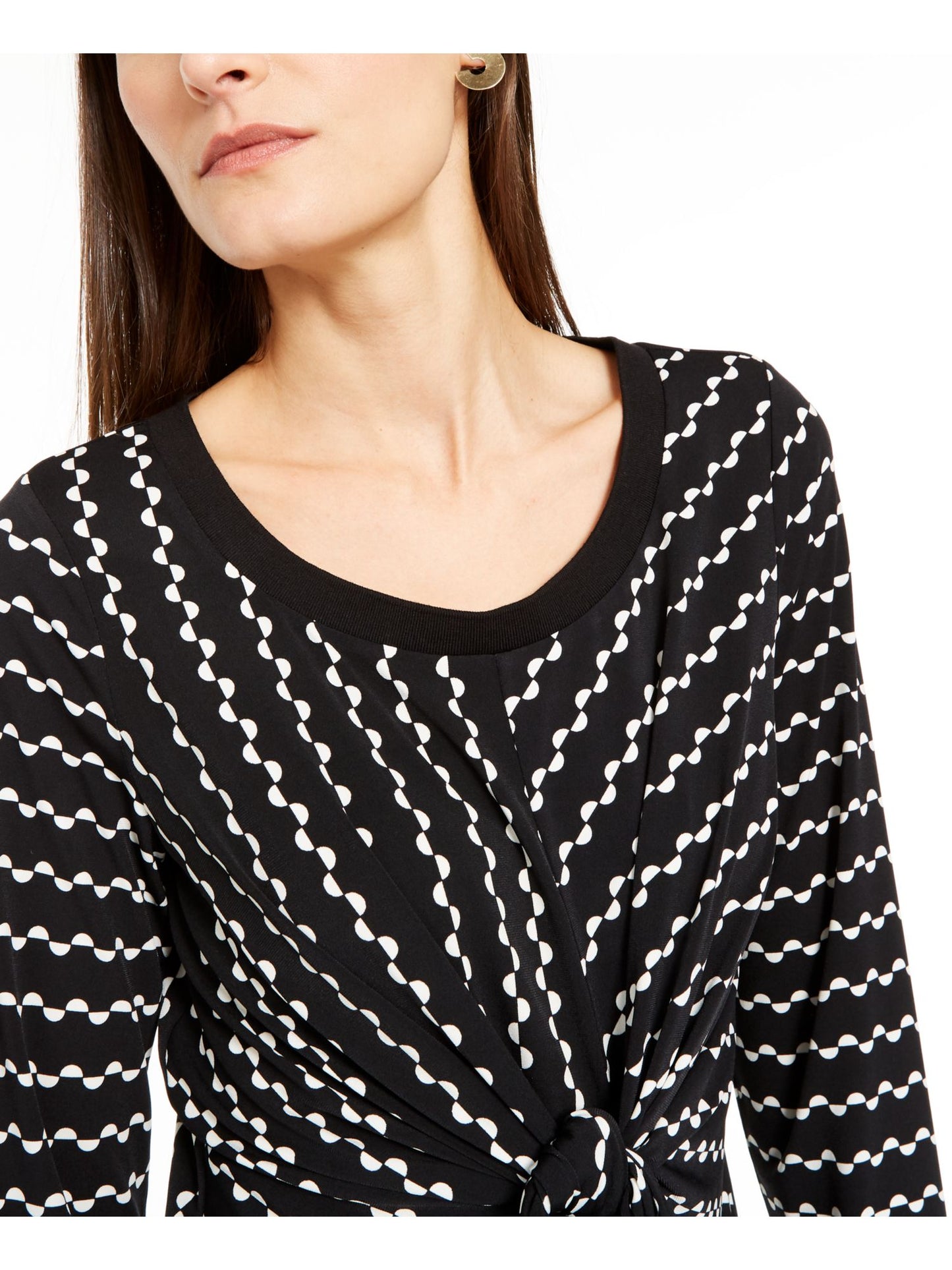 Alfani Women's Tie Printed Long Sleeve Scoop Neck Blouse Evening Top Black Size Petite Small