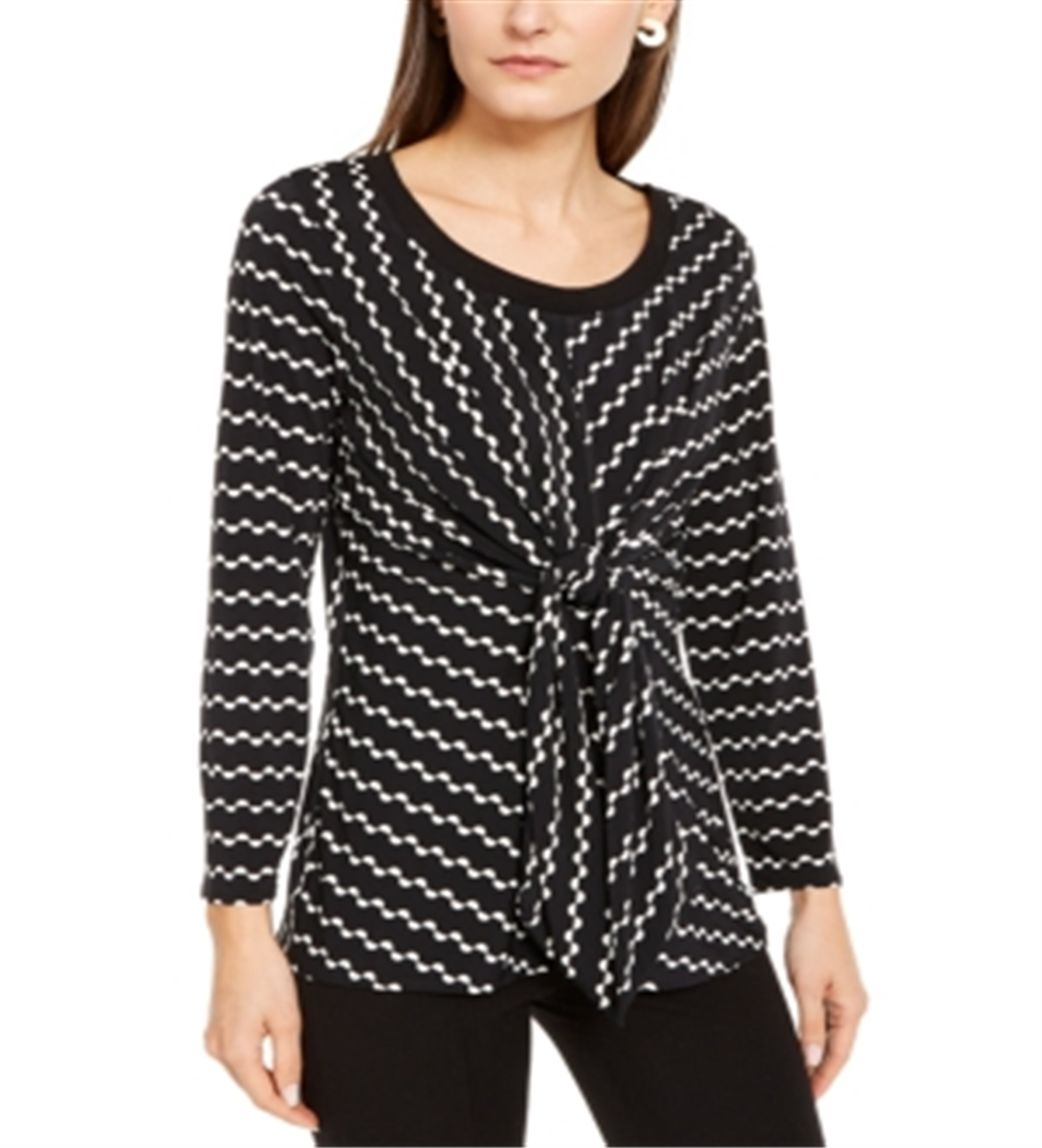 Alfani Women's Tie Printed Long Sleeve Scoop Neck Blouse Evening Top Black Size Petite Small