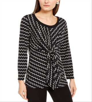 Alfani Women's Tie Printed Long Sleeve Scoop Neck Blouse Evening Top Black Size Petite Small