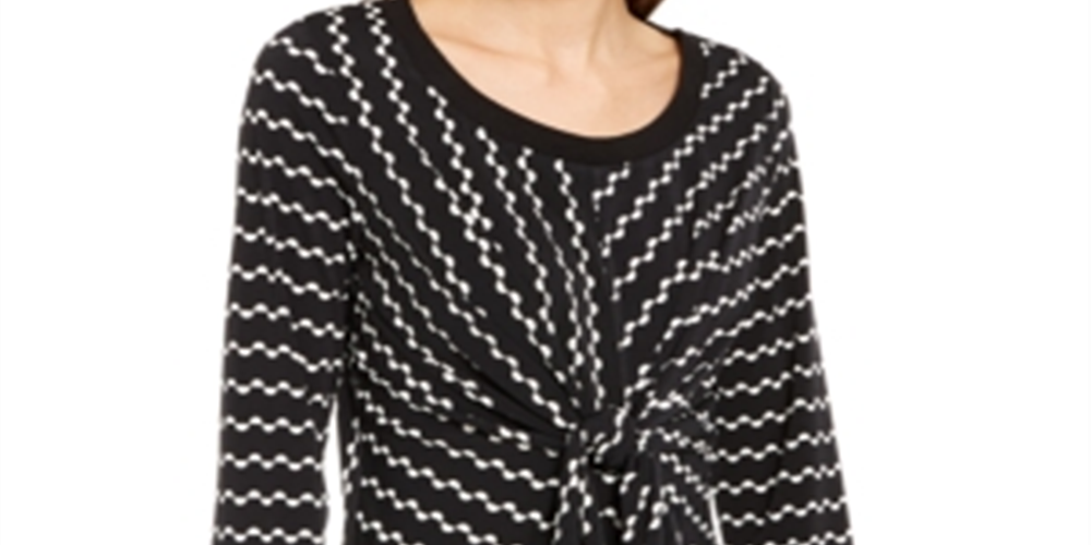 Alfani Women's Tie Printed Long Sleeve Scoop Neck Blouse Evening Top Black Size Petite Small