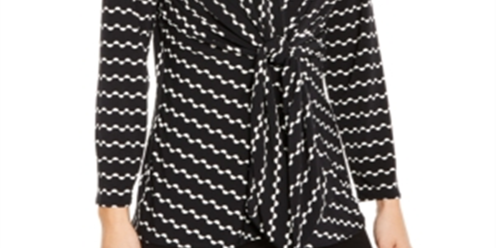 Alfani Women's Tie Printed Long Sleeve Scoop Neck Blouse Evening Top Black Size Petite Small