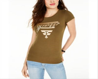 Guess Women's  Crew-Neck Metallic-Graphic T-Shirt Green Size XS