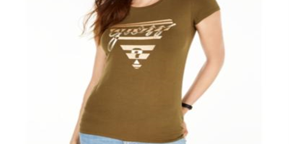 Guess Women's  Crew-Neck Metallic-Graphic T-Shirt Green Size XS