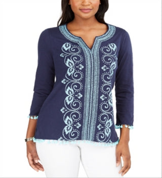 Charter Club Women's Embroidered Split Neck Tunic Blue Size X-Large
