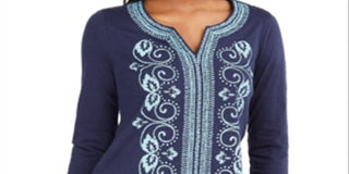 Charter Club Women's Embroidered Split Neck Tunic Blue Size X-Large