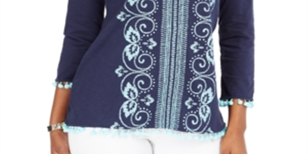 Charter Club Women's Embroidered Split Neck Tunic Blue Size X-Large