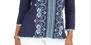 Charter Club Women's Embroidered Split Neck Tunic Blue Size X-Large