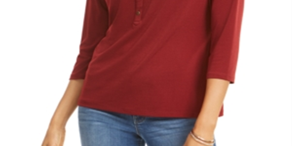 Charter Club Women's 3/4 Sleeve Polo Top Red Size Petite