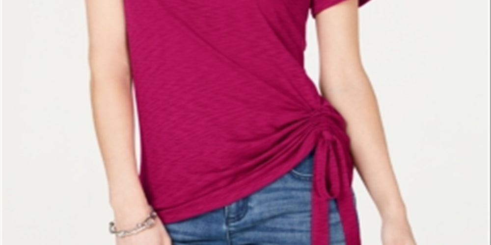 INC Women's Petite Side-Ruched T-Shirt  Pink Size Petite S