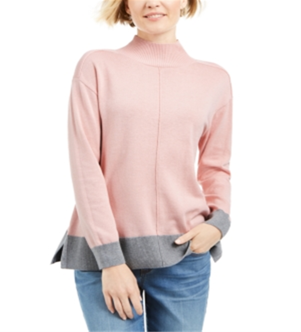 Karen Scott Women's  Erin Cotton Colorblocked Mock-Neck Sweater  Tea Rose Combo Pink Size XS