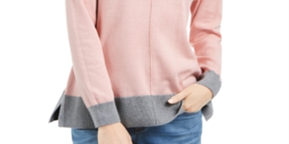 Karen Scott Women's  Erin Cotton Colorblocked Mock-Neck Sweater  Tea Rose Combo Pink Size XS