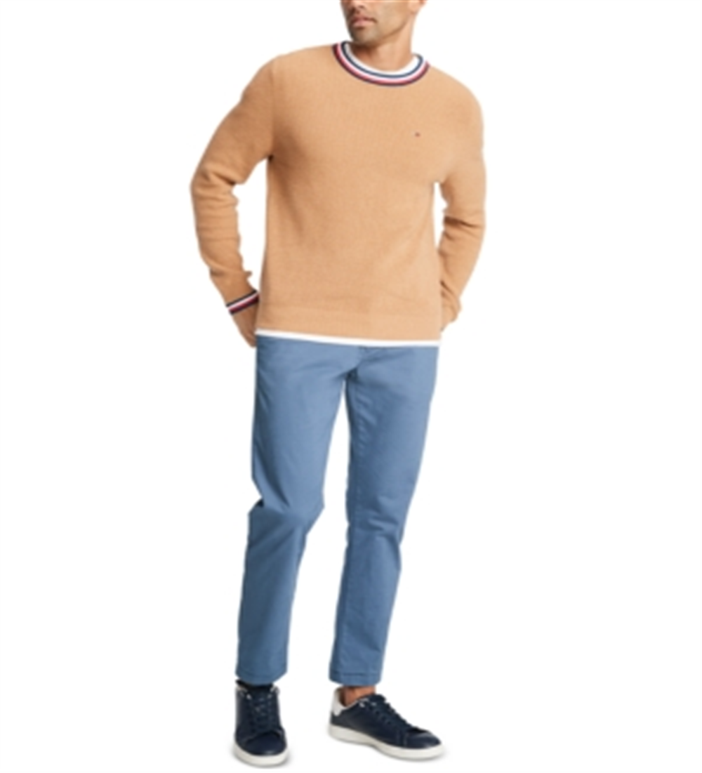 Tommy Hilfiger Men's Geneva Regular Fit Tipped Ribbed Knit Sweater Brown Size L
