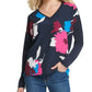 DKNY Women's Printed Long Sleeve V Neck Top Blue Size X-Large