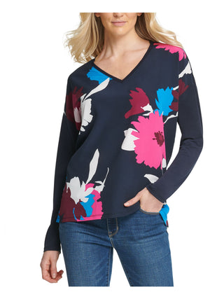 DKNY Women's Printed Long Sleeve V Neck Top Blue Size X-Large