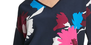 DKNY Women's Printed Long Sleeve V Neck Top Blue Size X-Large