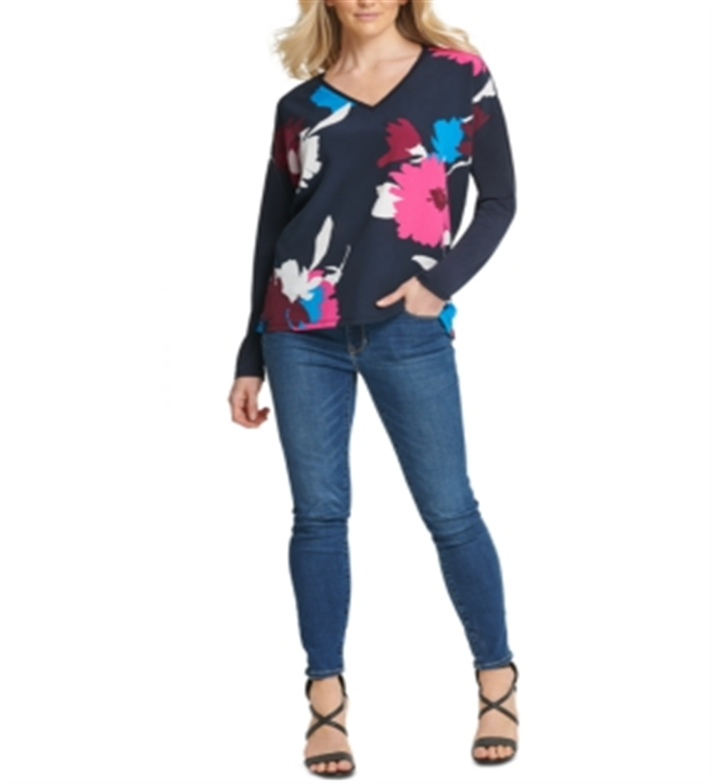 DKNY Women's Printed Long Sleeve V Neck Top Blue Size X-Large