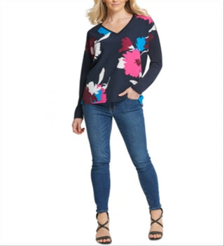 DKNY Women's Printed Long Sleeve V Neck Top Blue Size X-Large