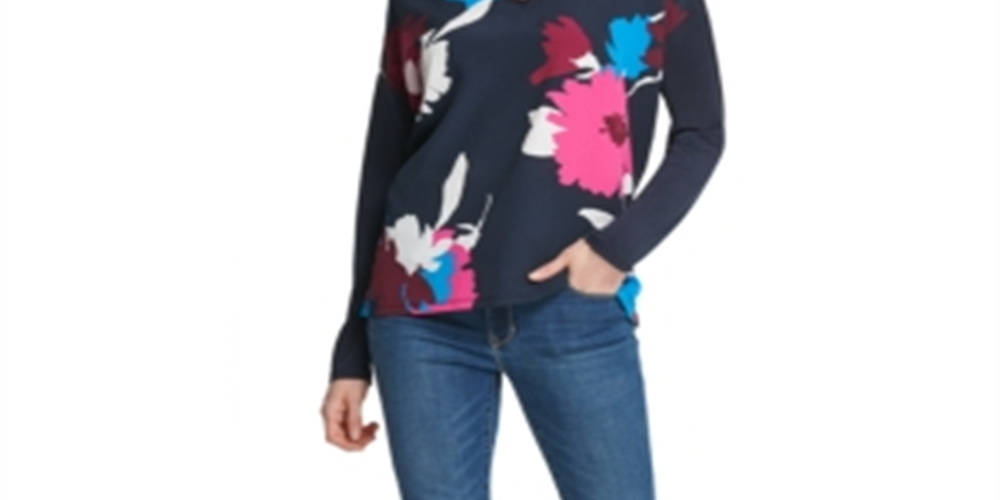 DKNY Women's Printed Long Sleeve V Neck Top Blue Size X-Large
