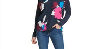 DKNY Women's Printed Long Sleeve V Neck Top Blue Size X-Large